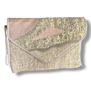Vtg deadstock 1980s BAGLAND Mixed Media Wristlet Clutch purse beige pink tan